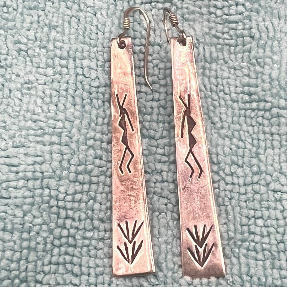 Vintage Sterling Silver Southwestern Earrings Dangle Kokopelli Sprout Symbols - Picture 2 of 9